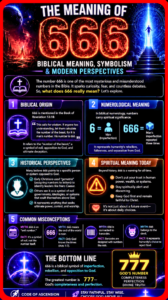 Dark mode Code of Ascension infographic explaining the meaning of 666, biblical symbolism, numerology, misconceptions, and the contrast with 777.