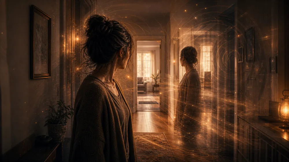 Woman in a dim hallway gazes at her reflection surrounded by glowing golden light trails.