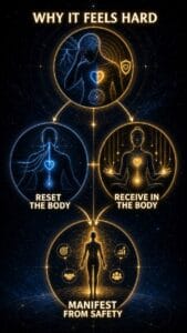 Infographic titled 'Why It Feels Hard' with three glowing circles: Reset the Body (blue), Receive in the Body (gold), and Manifest from Safety (bottom).