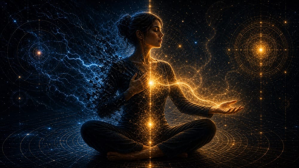 Woman meditating in a lotus pose with blue energy on the left and gold energy on the right amid cosmic circular patterns.