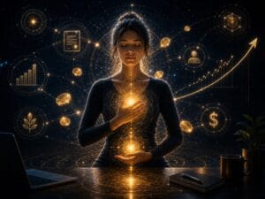 Woman meditating with glowing golden energy emanating from her hands, surrounded by holographic financial symbols for finance-tech mindfulness.