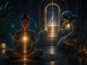 Astronaut in cosmic nervous system symbolism scene for manifestation and inner safety