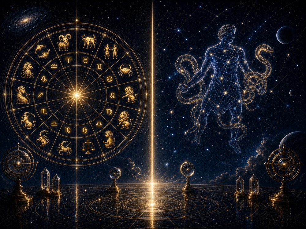 Ophiuchus comparison image showing twelve zodiac signs beside the 13th constellation