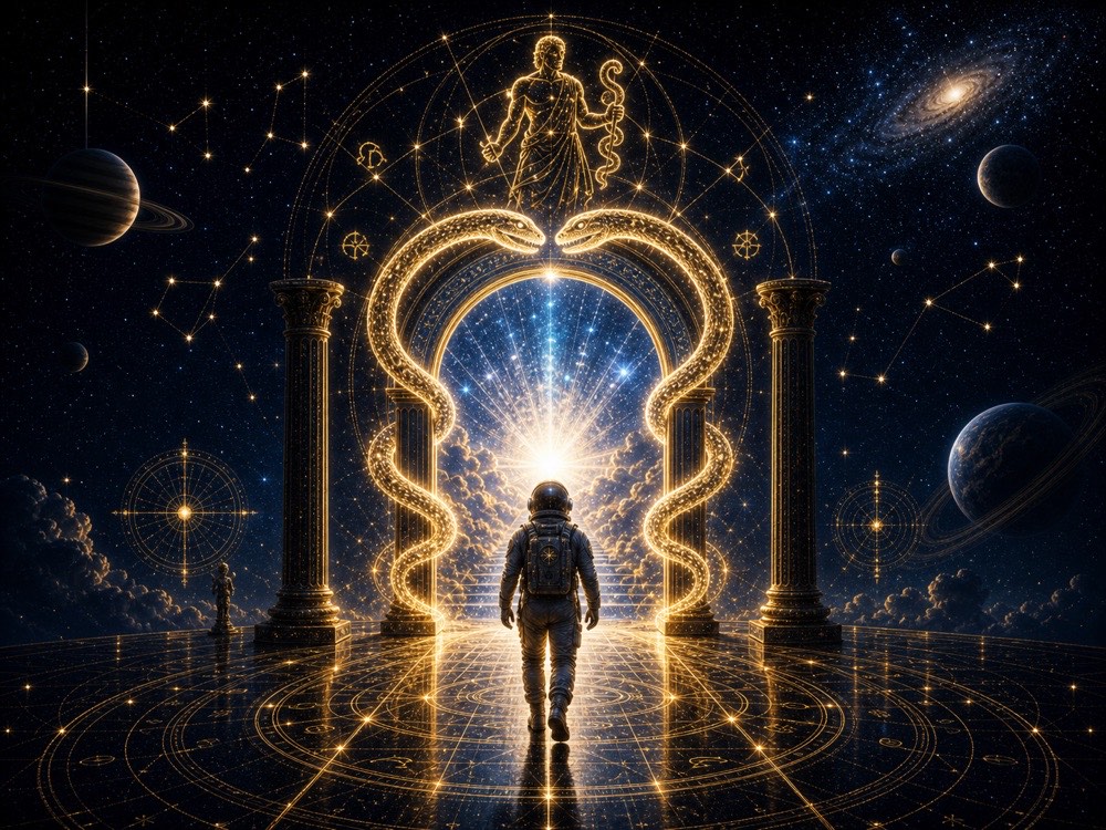 Ophiuchus closing image with figure walking through golden serpent constellation portal