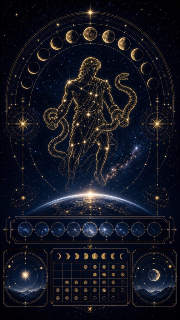 Golden outlined mythic figure with snakes, floating above Earth, surrounded by circular celestial diagrams and stars.