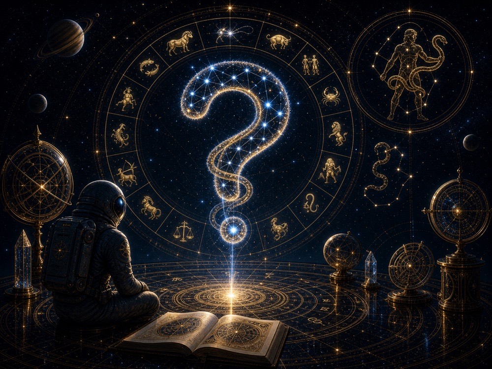 Ophiuchus FAQ image with question mark constellation serpent light and zodiac wheel