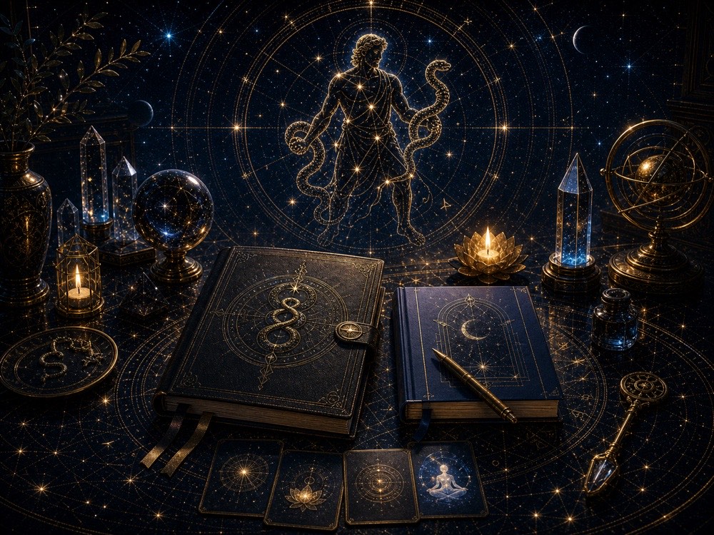 Ophiuchus shadow work CTA image with journal calm cards dream journal and constellation light