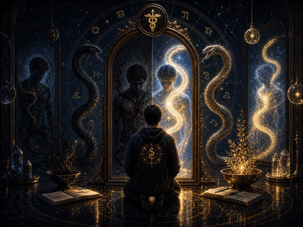 Ophiuchus shadow work image with mirror serpent light and healing transformation symbolism
