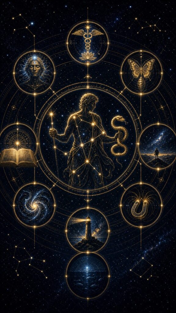 Ophiuchus traits map showing healing intuition transformation and hidden knowledge symbols