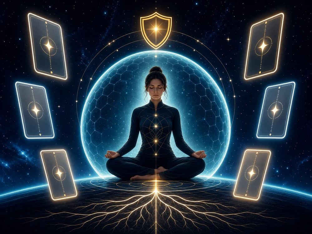 Woman meditating in lotus position inside a glowing orb, with floating glowing cards orbiting in a space scene.