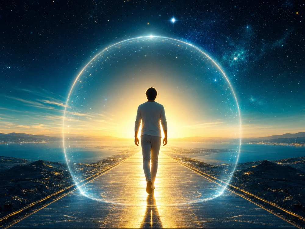 A person walks toward a glowing circular portal on a reflective path at sunset, with a starry sky overhead.