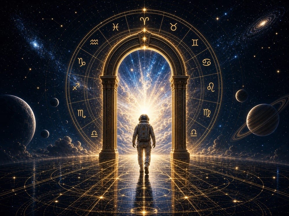 Rising sign closing image with astronaut walking through golden ascendant portal