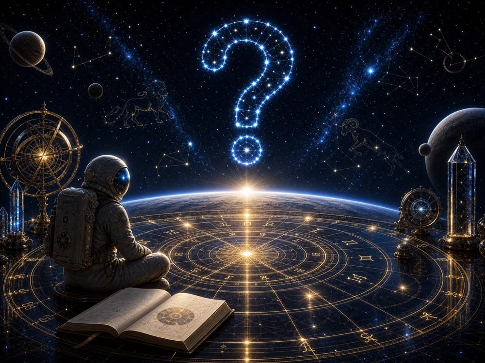 Rising sign FAQ image with question mark constellation and birth chart horizon