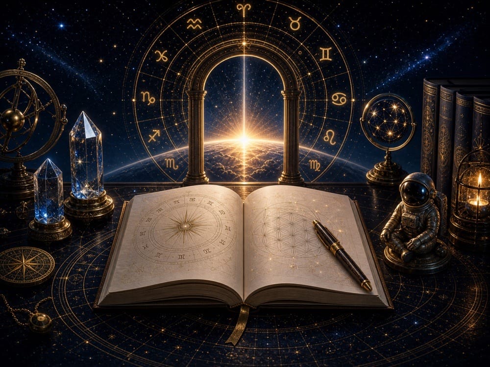 Rising sign manifestation CTA image with journal birth chart and ascendant doorway light