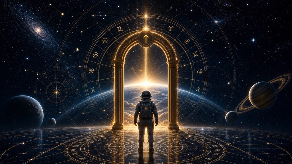 Rising sign meaning hero image with astronaut facing a golden ascendant doorway at the eastern horizon