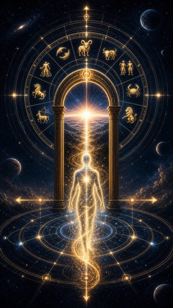 Rising sign soul doorway infographic showing ascendant as the way the soul enters life