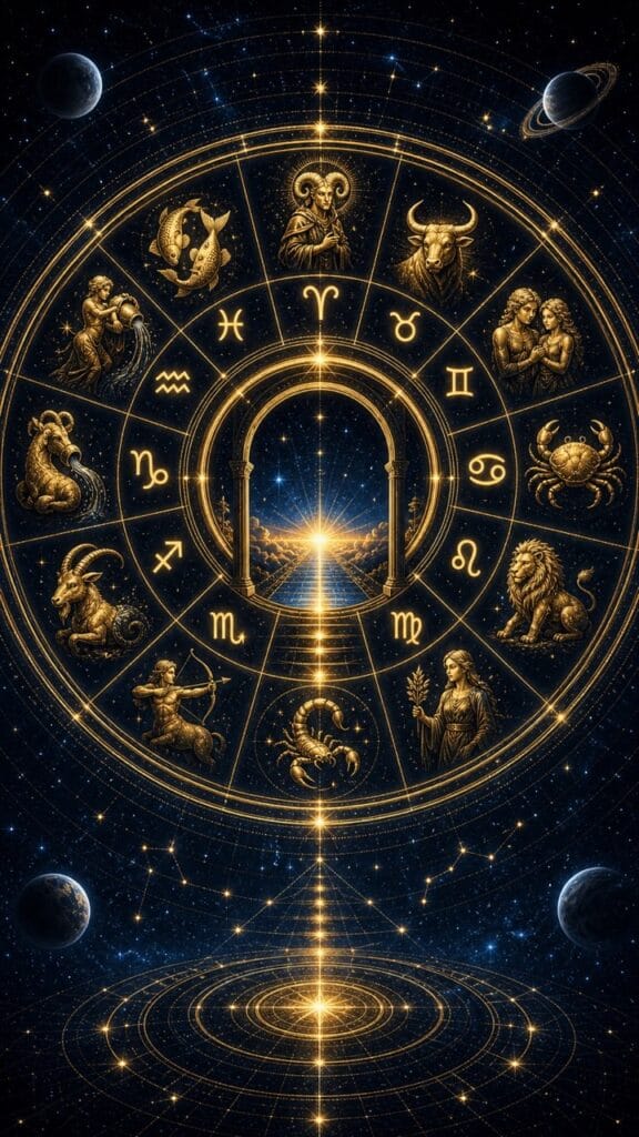 All 12 rising signs map with zodiac glyphs around a golden ascendant wheel