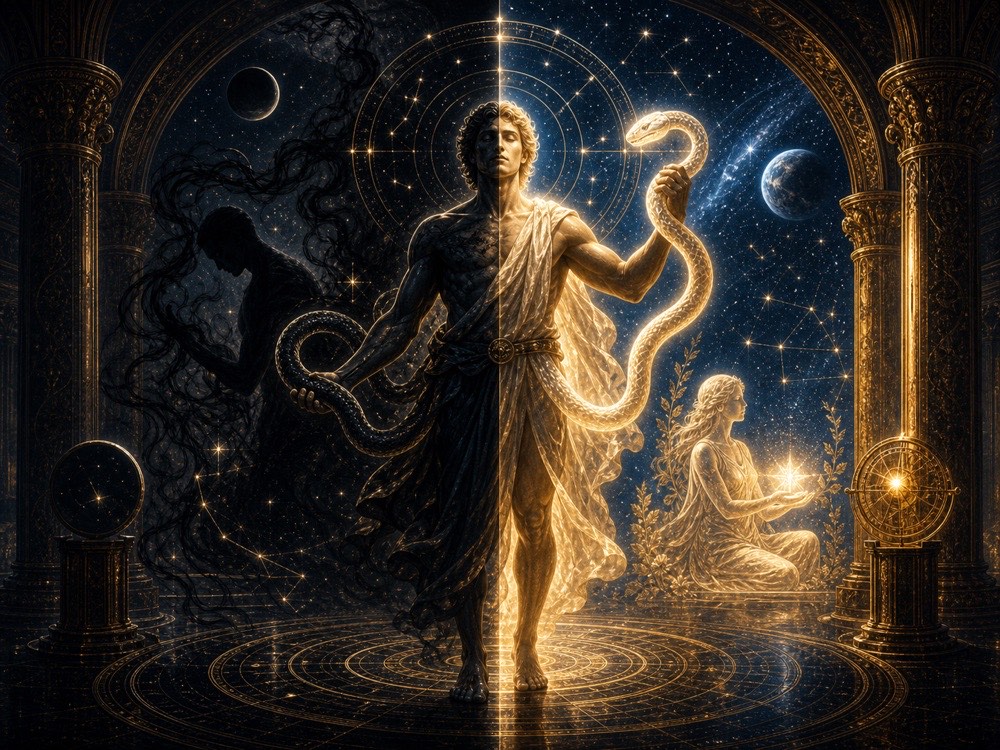 Serpent Bearer symbolism image showing a calm figure holding a serpent of light