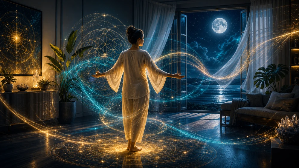 Person in a robe stands with arms outstretched as golden and blue light trails swirl around a moonlit living room.