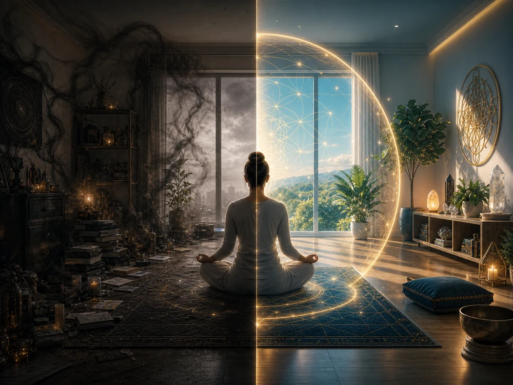 Medicating figure sits cross-legged on a rug, meditating as a glowing circular portal divides a dark, cluttered room from a bright, tranquil one.