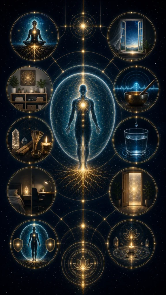 Human figure in a glowing energy field with illuminated chakras; surrounding circular panels depict meditation, an open window, plants, a singing bowl, crystals, water, and a doorway of light.