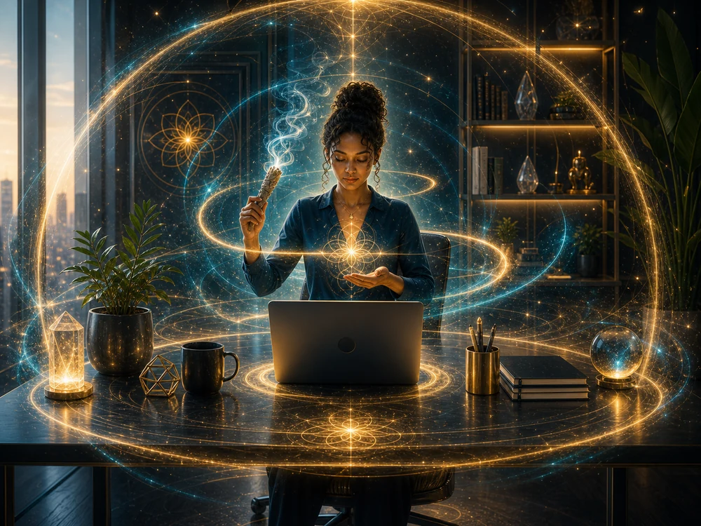 Woman seated at a desk with a laptop, surrounded by glowing golden energy rings and sparkles suggesting futuristic visualization.
