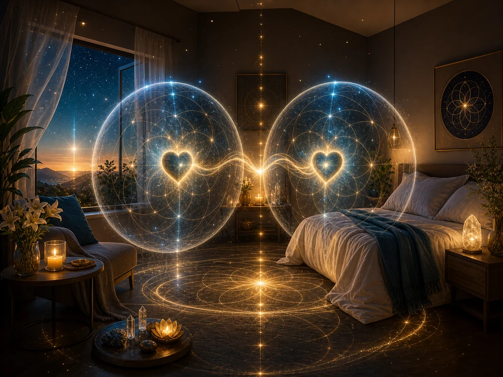 Romantic bedroom with two glowing translucent spheres connected by a golden heart, casting circular light patterns on the floor.