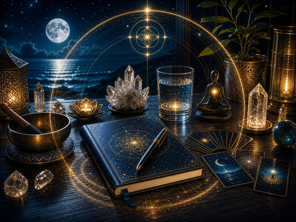 Desk scene with crystals, tarot cards, a blue journal, and candlelight against a moonlit ocean backdrop.