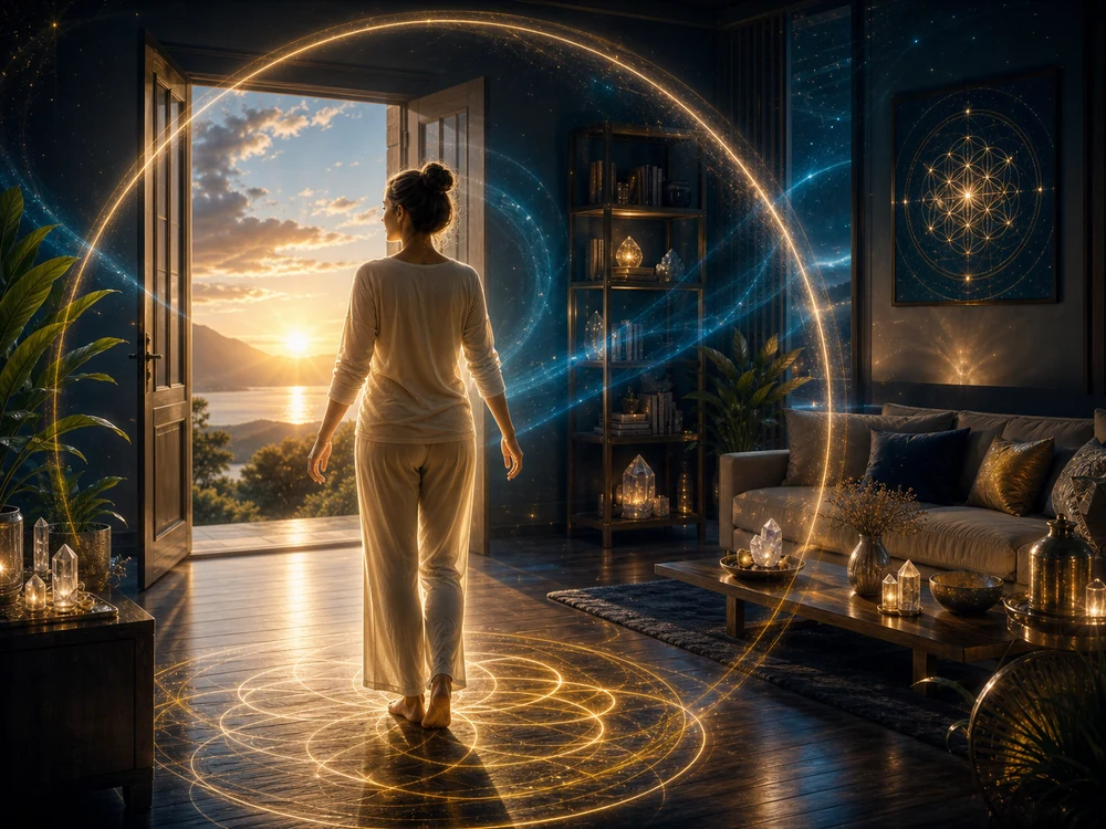 spiritual cleansing image of a woman standing barefoot at an open doorway as golden light clears a moonlit room