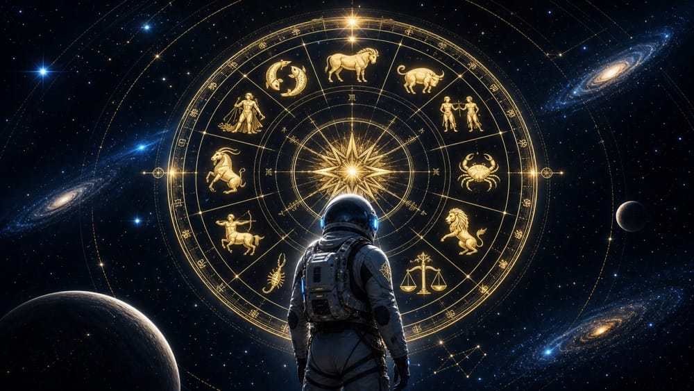 Spiritual meanings of zodiac signs hero image with astronaut facing a golden twelve sign zodiac wheel