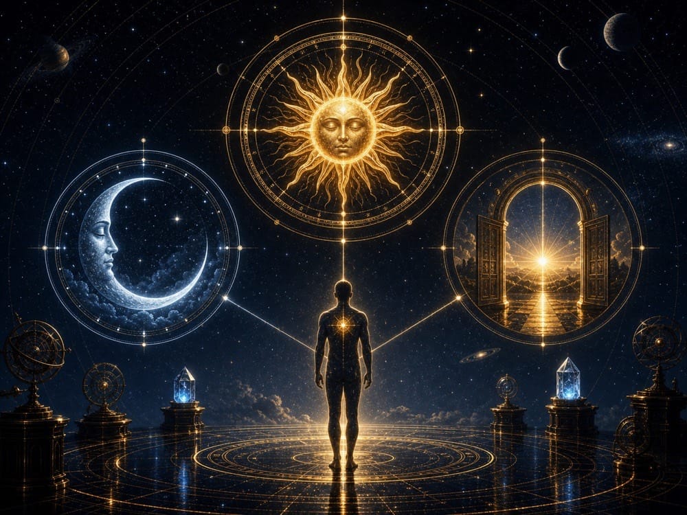 Sun moon rising comparison image showing core essence emotional world and ascendant doorway