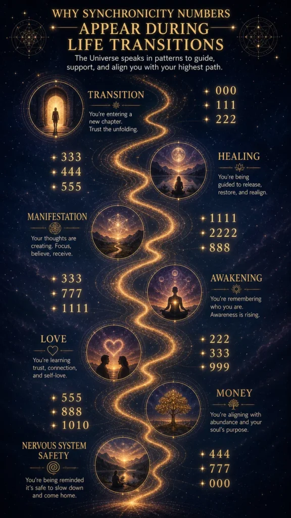 Synchronicity numbers appearing during life transitions and spiritual awakening.