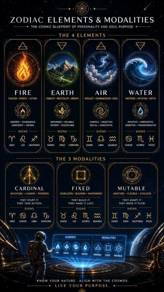 Zodiac elements and modalities breakdown with fire earth air water cardinal fixed and mutable signs