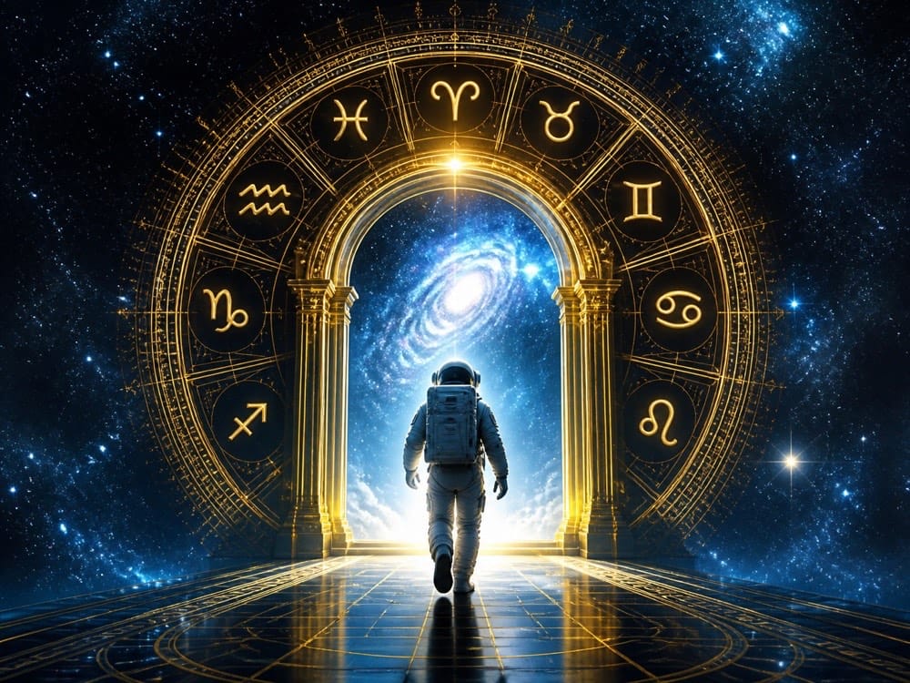 Astronaut in a suit walks toward a glowing gateway framed by a golden zodiac wheel against a starry space backdrop.
