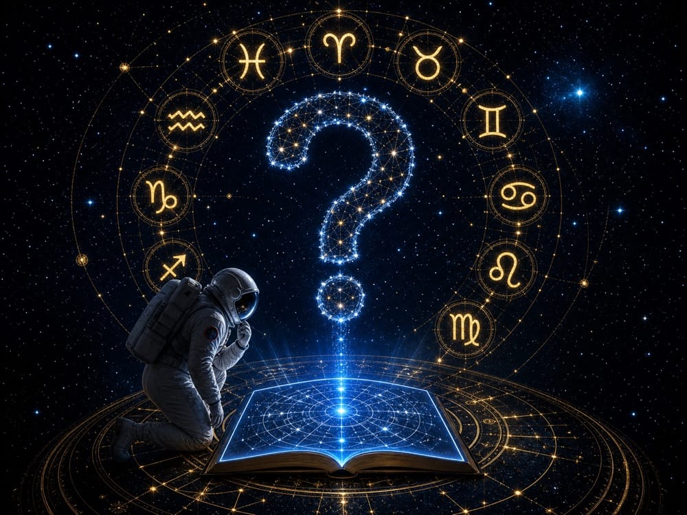 Zodiac signs FAQ image with question mark constellation and golden zodiac symbols