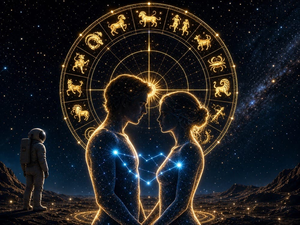 Zodiac signs love and relationships image with two luminous figures under a golden zodiac wheel