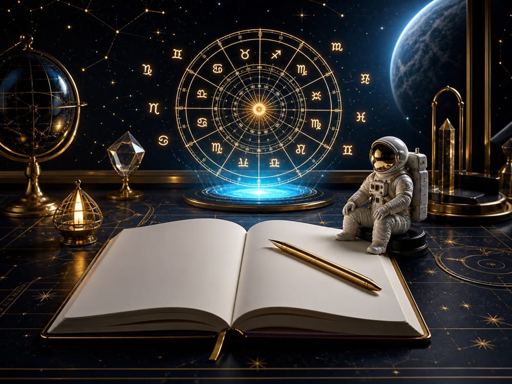Zodiac signs manifestation CTA image with journal birth chart wheel gold pen and astronaut figurine