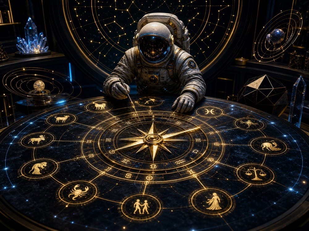 Zodiac signs money and career image with golden compass star chart and abundance path