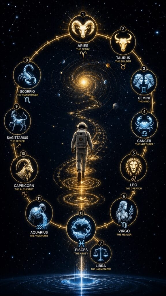 Zodiac signs soul journey infographic showing Aries through Pisces as stages of spiritual awakening