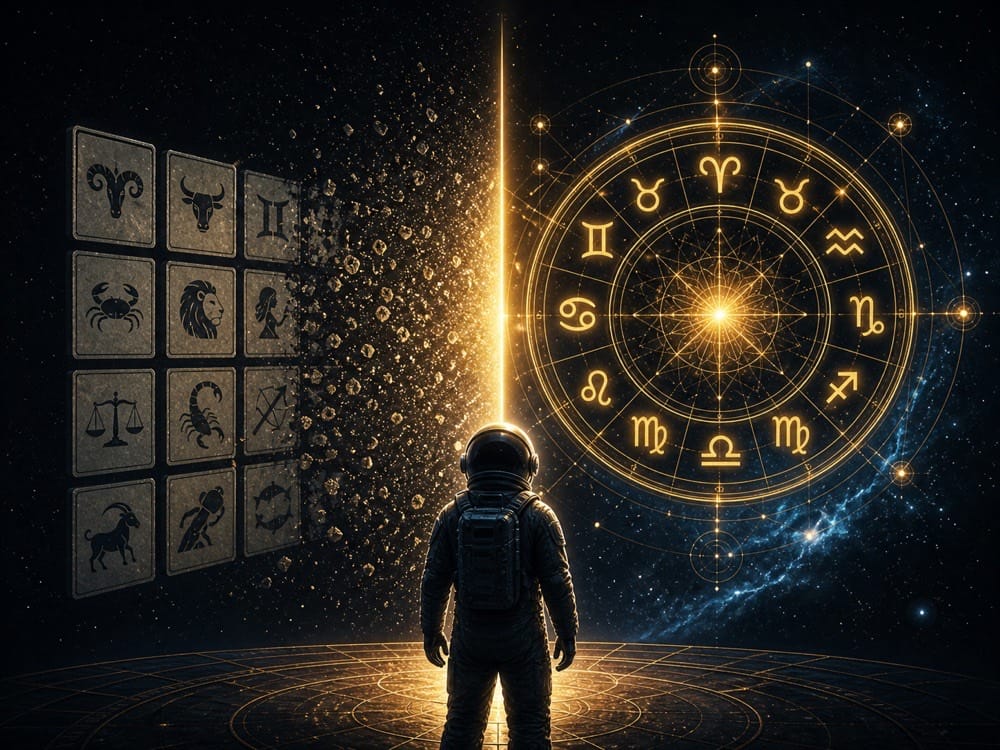 Zodiac signs soul map comparison image showing horoscope labels transforming into spiritual astrology