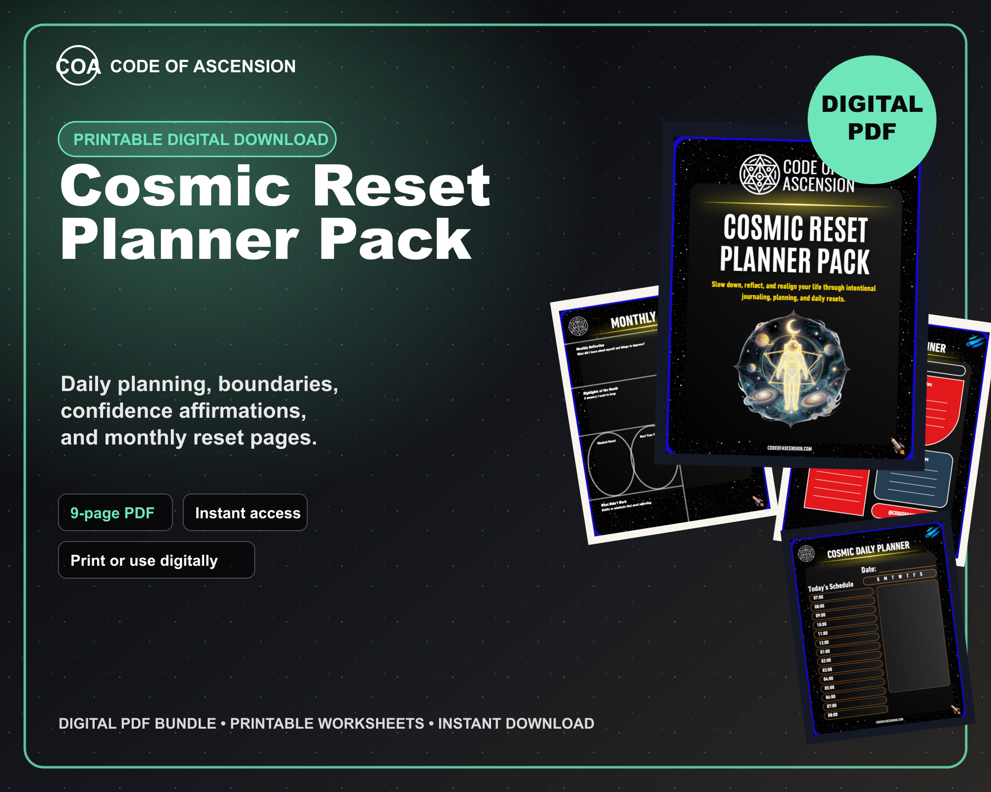 Cosmic Reset Planner Pack — Printable Daily Planner & Affirmation Pages | Boundary Setting, Confidence, Monthly Reset & Reflection Tools
