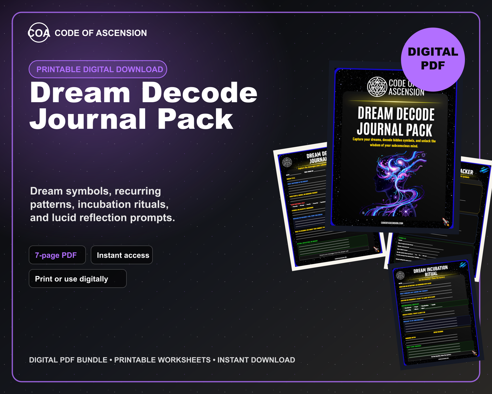 Dream Decode Journal Pack — Printable Dream Journal & Lucid Dreaming Tracker | Dream Symbols, Patterns & Subconscious Exploration