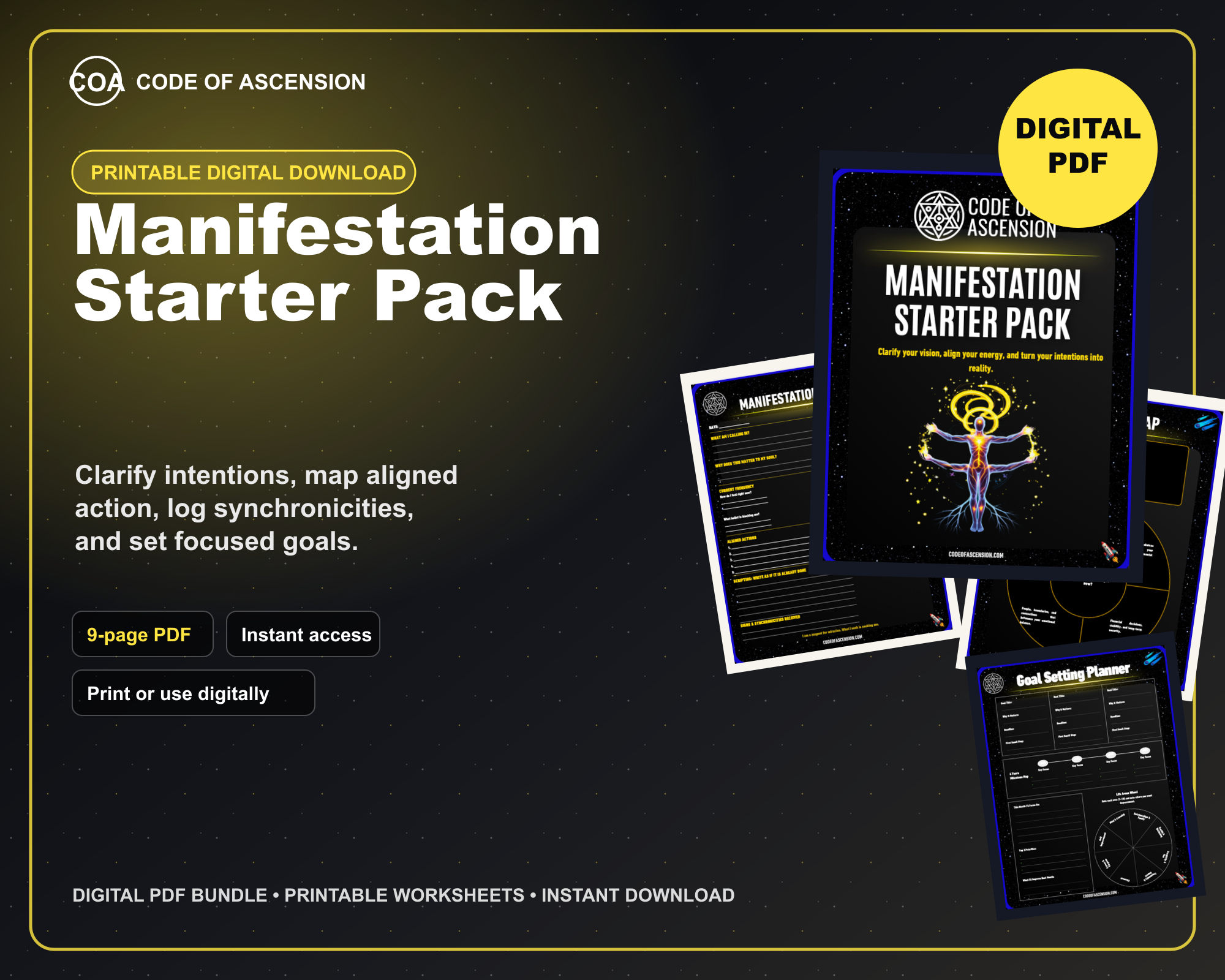 Manifestation Starter Pack — Printable Manifestation Planner & Synchronicity Log | Goal Setting, Scripting & Aligned Action Pages