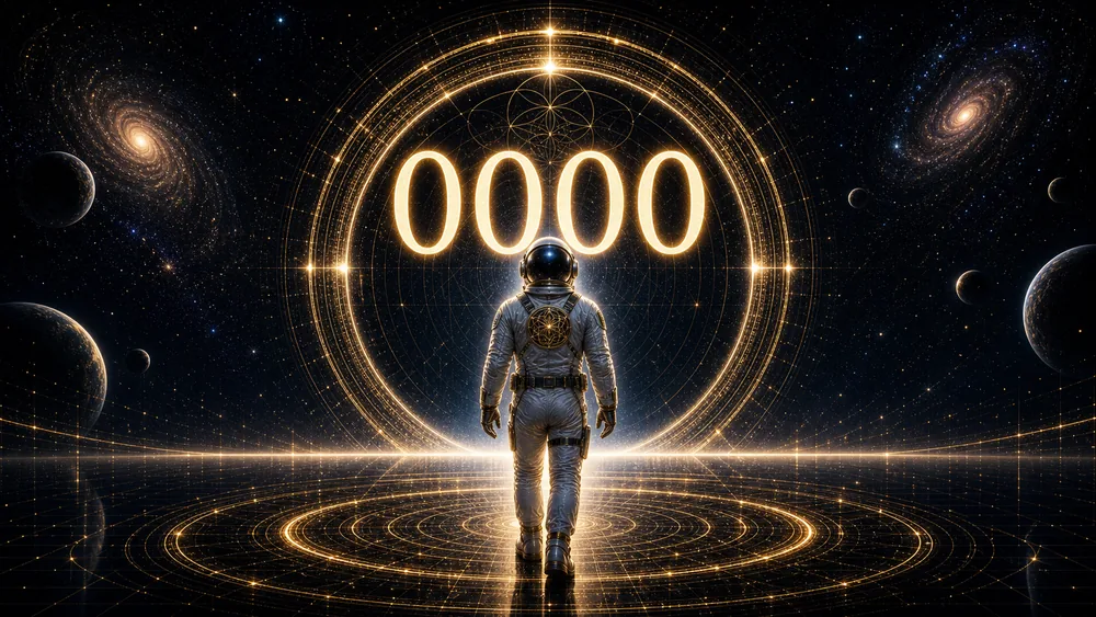 Astronaut walking toward a glowing zero countdown surrounded by golden rings in deep space.
