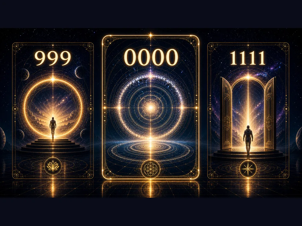 0000 meaning comparison showing reset and source energy beside 999 completion and 1111 awakening