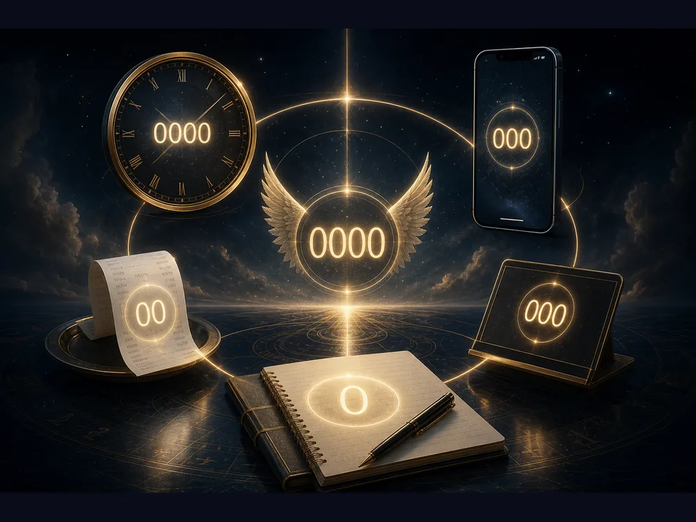 0000 000 and 0 appearing on a clock phone screen receipt street sign and notebook as reset synchronicity signs