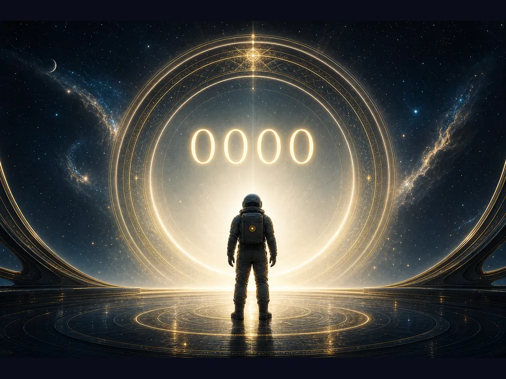 0000 meaning closing image with COA astronaut host stepping from a cosmic zero portal into a clean new beginning