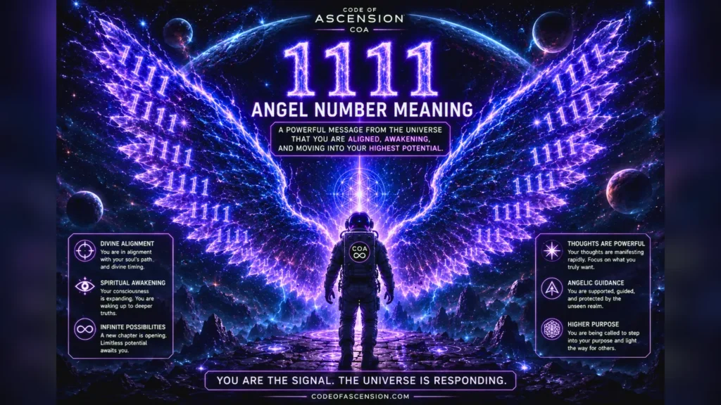 Code of Ascension visual guide to 1111 angel number meaning with astronaut under cosmic wings and spiritual guidance symbols.