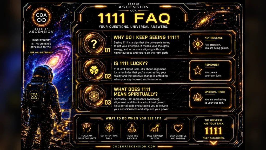 Code of Ascension visual guide to 1111 FAQ infographic answering why you keep seeing 1111 and what it means spiritually.