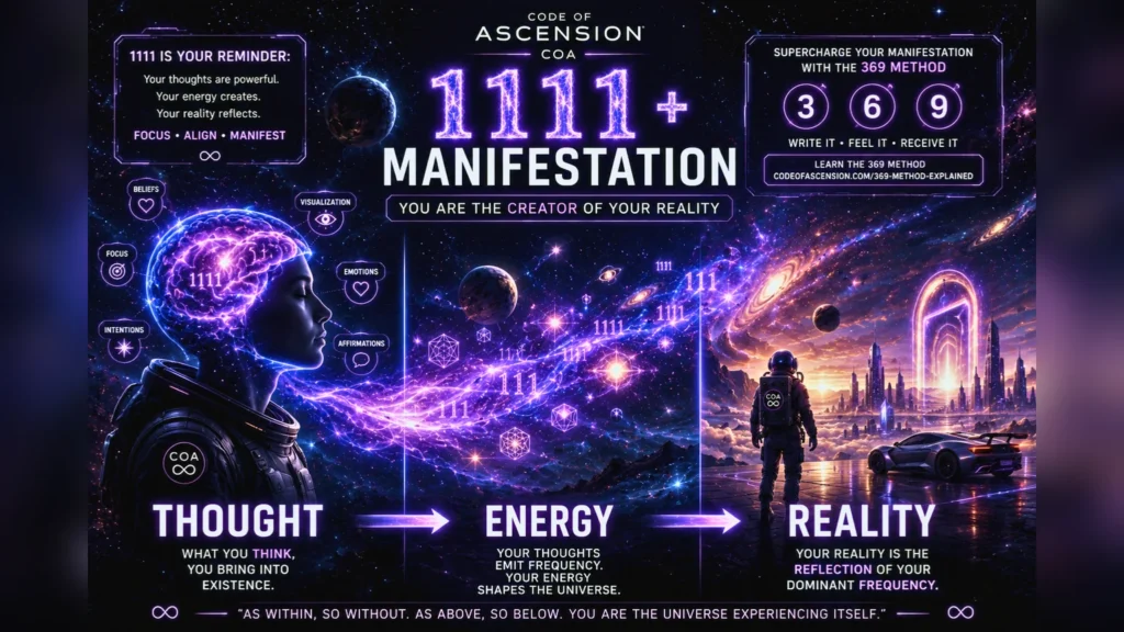 Code of Ascension visual guide to 1111 manifestation infographic showing thought energy and reality.